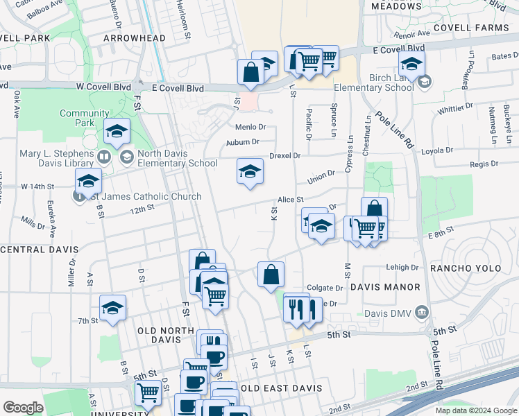 map of restaurants, bars, coffee shops, grocery stores, and more near 950 Pecan Place in Davis