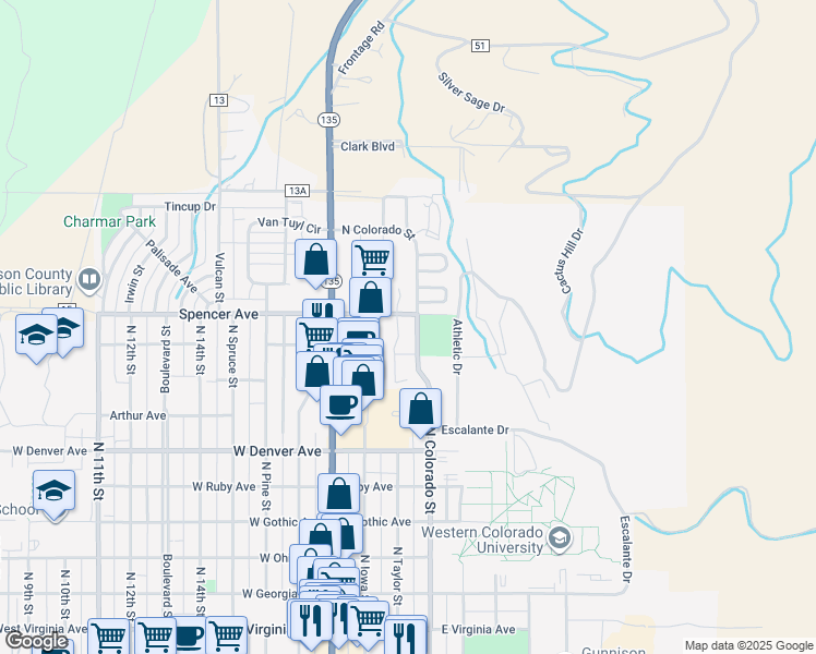 map of restaurants, bars, coffee shops, grocery stores, and more near 901-999 Sunny Slope Drive in Gunnison