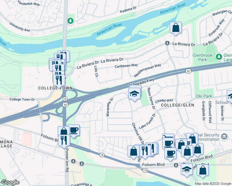 map of restaurants, bars, coffee shops, grocery stores, and more near 2624 Marquette Drive in Sacramento