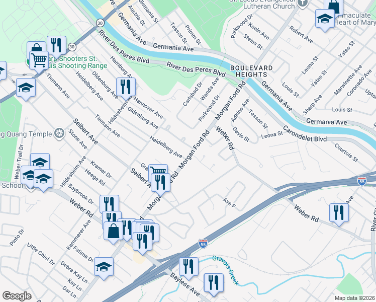 map of restaurants, bars, coffee shops, grocery stores, and more near 8298 Morgan Ford Road in St. Louis