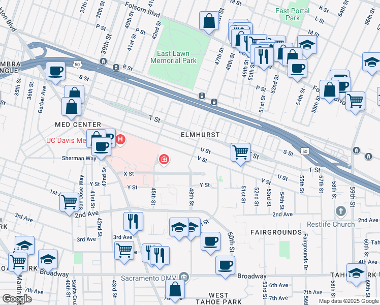 map of restaurants, bars, coffee shops, grocery stores, and more near 4721 V Street in Sacramento