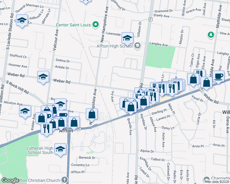 map of restaurants, bars, coffee shops, grocery stores, and more near 8621 Ivy Avenue in Affton