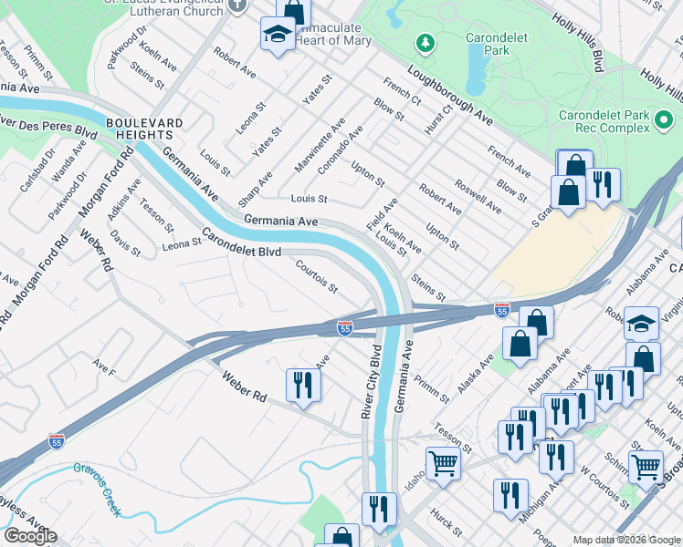 map of restaurants, bars, coffee shops, grocery stores, and more near 3720 Carondelet Boulevard in St. Louis