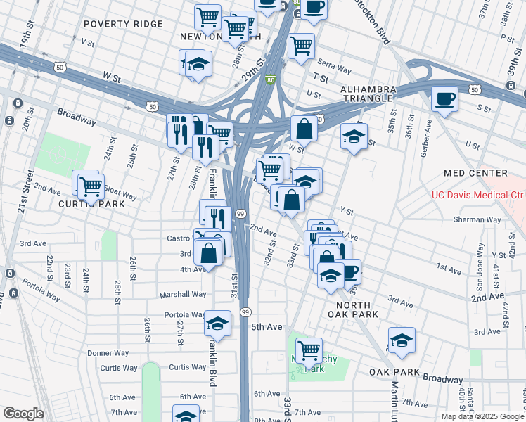 map of restaurants, bars, coffee shops, grocery stores, and more near 2635 Alhambra Boulevard in Sacramento