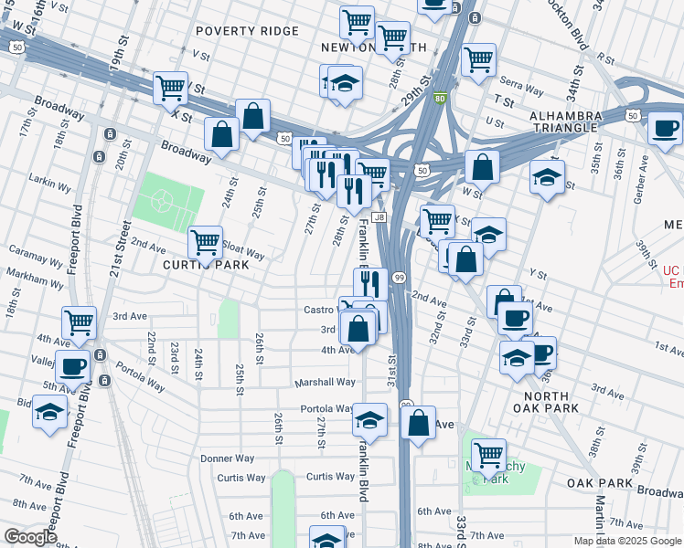 map of restaurants, bars, coffee shops, grocery stores, and more near Broadway 2nd Avenue Alley in Sacramento