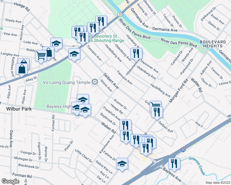 map of restaurants, bars, coffee shops, grocery stores, and more near 8204 Hildesheim Avenue in St. Louis