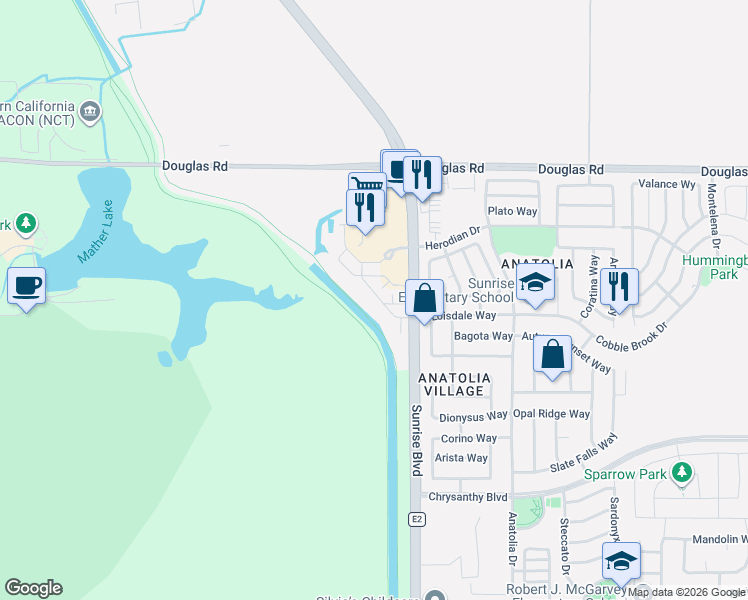 map of restaurants, bars, coffee shops, grocery stores, and more near Folsom South Canal in Sacramento County