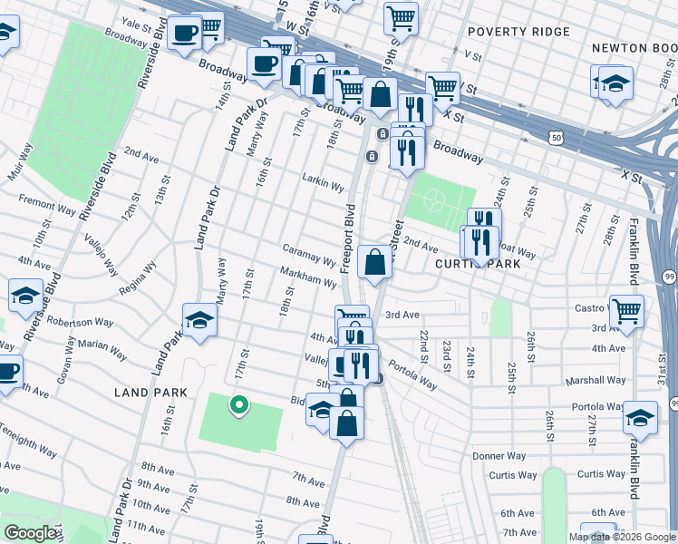 map of restaurants, bars, coffee shops, grocery stores, and more near 2761 Freeport Boulevard in Sacramento