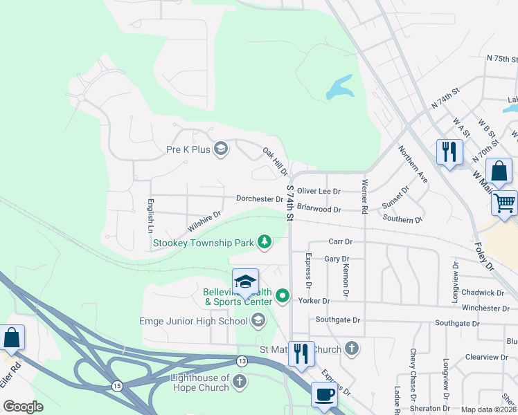 map of restaurants, bars, coffee shops, grocery stores, and more near 10 Dorchester Drive in Belleville