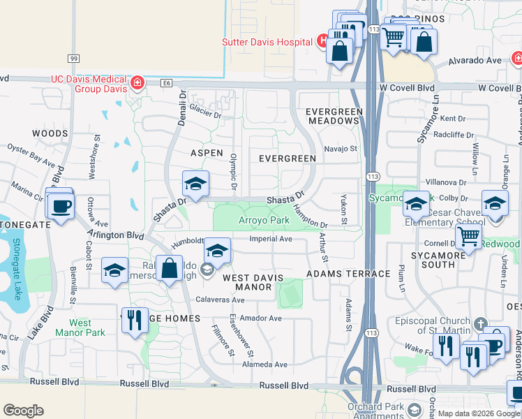 map of restaurants, bars, coffee shops, grocery stores, and more near 2000 Shasta Drive in Davis