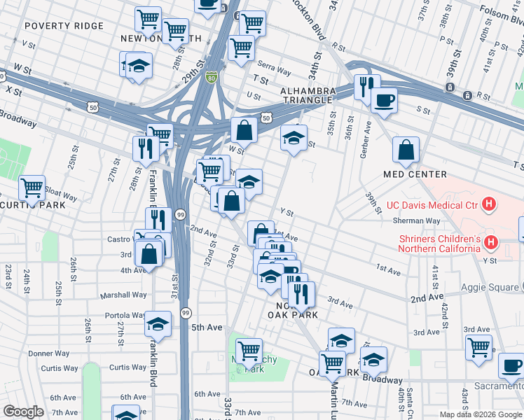 map of restaurants, bars, coffee shops, grocery stores, and more near in Sacramento