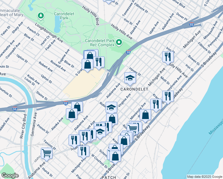 map of restaurants, bars, coffee shops, grocery stores, and more near 6951 Alabama Avenue in St. Louis