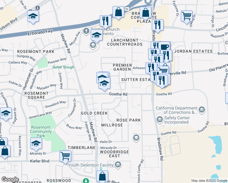 map of restaurants, bars, coffee shops, grocery stores, and more near 3600 Pullman Drive in Sacramento