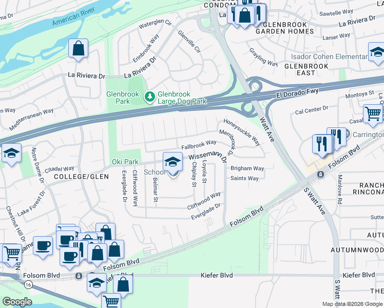 map of restaurants, bars, coffee shops, grocery stores, and more near 2908 Chiplay Street in Sacramento