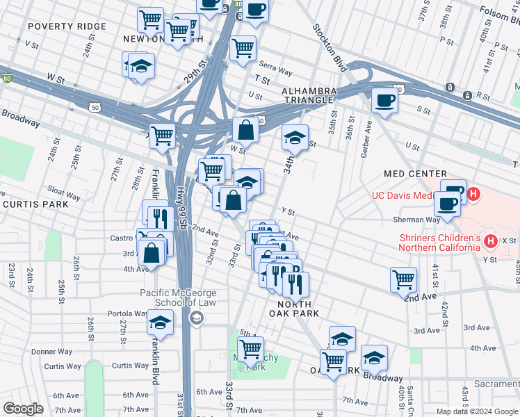 map of restaurants, bars, coffee shops, grocery stores, and more near 3309 1st Avenue in Sacramento