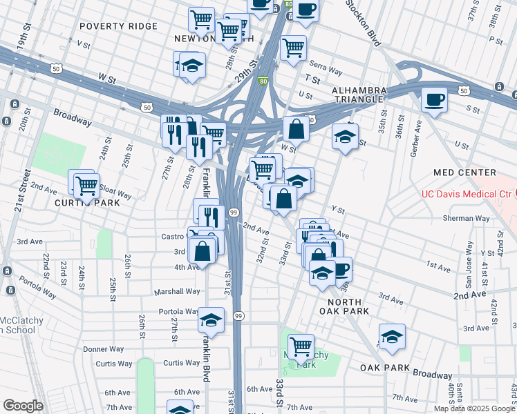 map of restaurants, bars, coffee shops, grocery stores, and more near 2635 Alhambra Boulevard in Sacramento