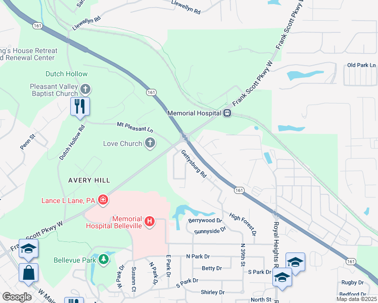 map of restaurants, bars, coffee shops, grocery stores, and more near 224 Gettysburg Road in Belleville