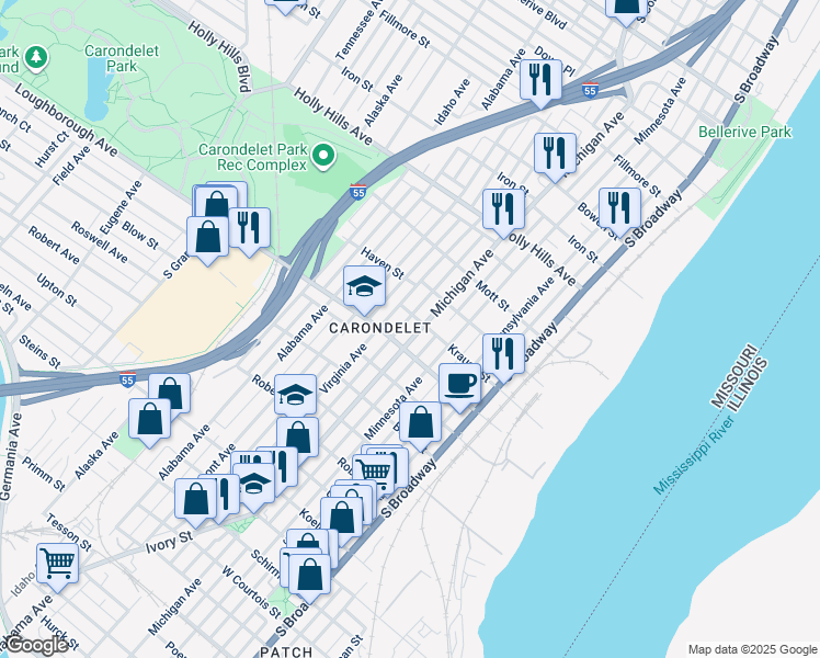map of restaurants, bars, coffee shops, grocery stores, and more near 6800-6816 Michigan Avenue in St. Louis