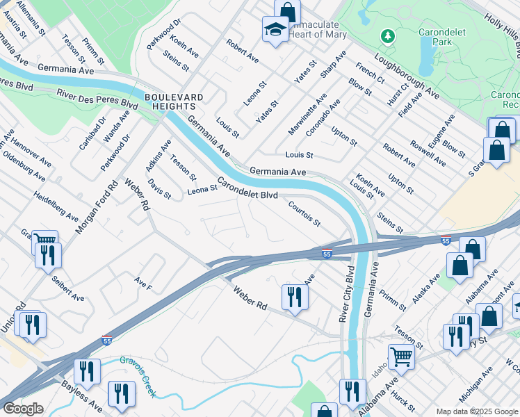 map of restaurants, bars, coffee shops, grocery stores, and more near 3837 Tesson Court in St. Louis