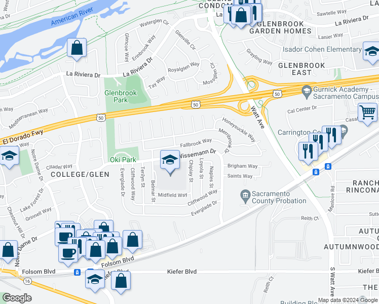 map of restaurants, bars, coffee shops, grocery stores, and more near 2908 Chiplay Street in Sacramento