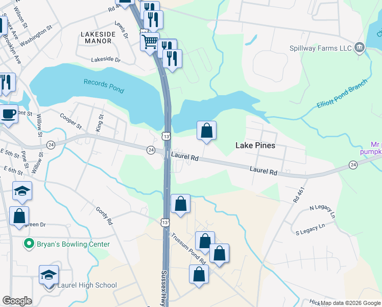 map of restaurants, bars, coffee shops, grocery stores, and more near 11140 Laurel Road in Laurel