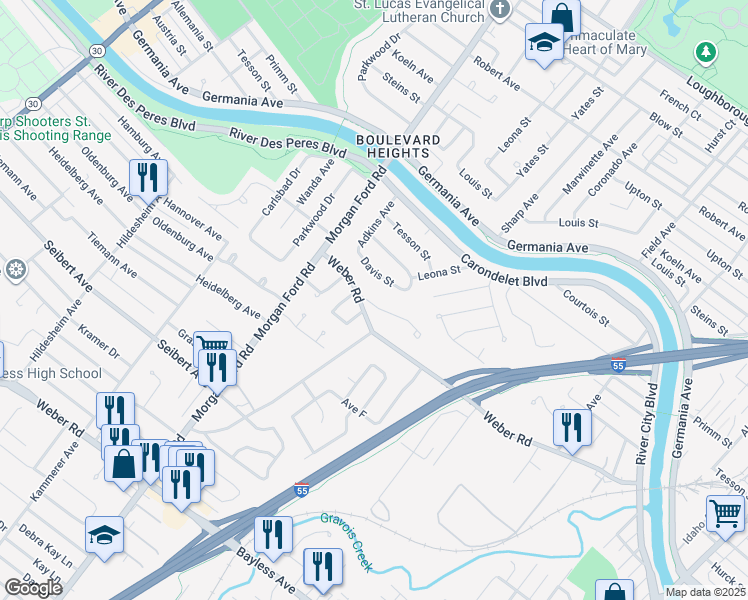 map of restaurants, bars, coffee shops, grocery stores, and more near 4113 Healy Court in St. Louis