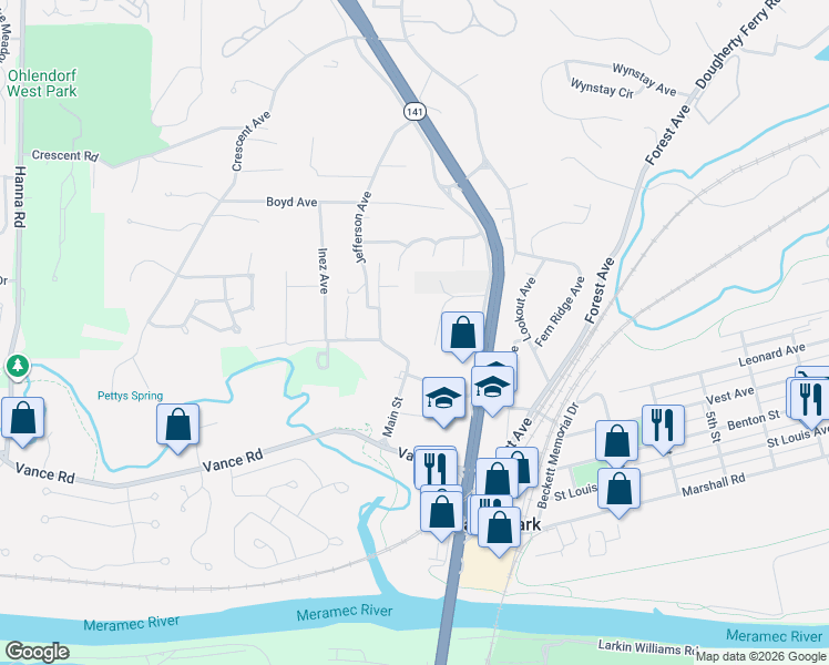 map of restaurants, bars, coffee shops, grocery stores, and more near 44 Main Street in Valley Park