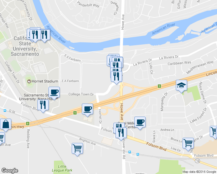 map of restaurants, bars, coffee shops, grocery stores, and more near 7801 College Town Drive in Sacramento