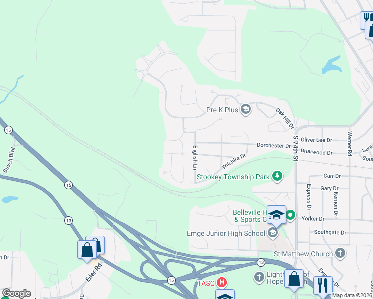 map of restaurants, bars, coffee shops, grocery stores, and more near 813 English Lane in Belleville