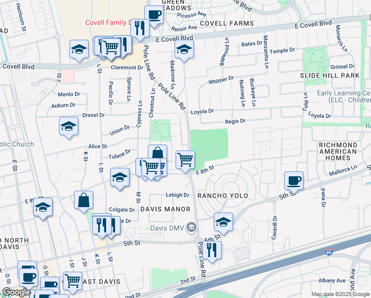 map of restaurants, bars, coffee shops, grocery stores, and more near 932 Snyder Drive in Davis