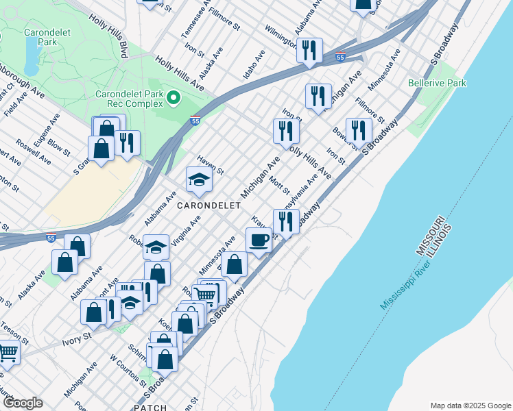 map of restaurants, bars, coffee shops, grocery stores, and more near 6711 Minnesota Avenue in St. Louis