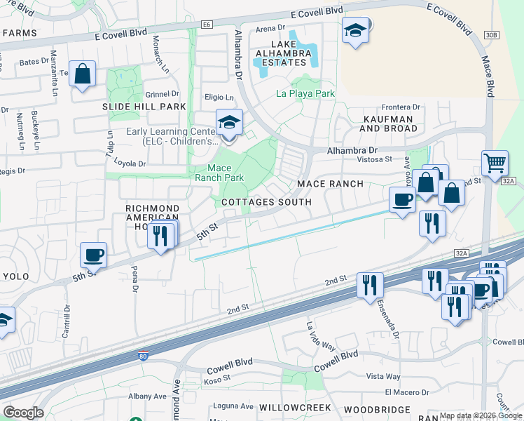 map of restaurants, bars, coffee shops, grocery stores, and more near 3310 Arroyo Court in Davis