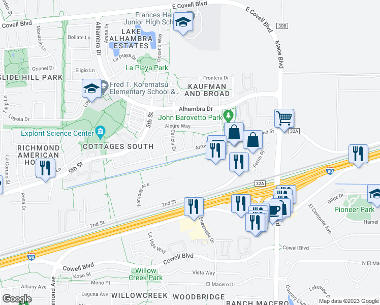 map of restaurants, bars, coffee shops, grocery stores, and more near 4006 Arroyo Avenue in Davis