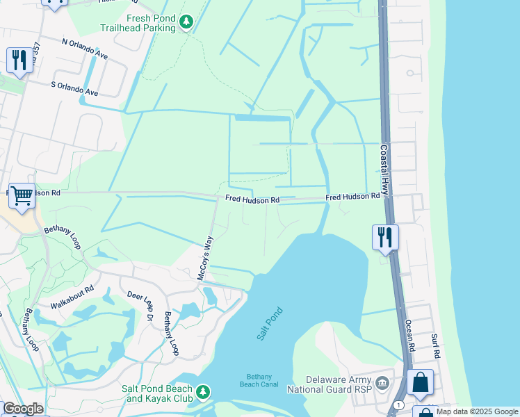 map of restaurants, bars, coffee shops, grocery stores, and more near 402 Salt Pond Road in Bethany Beach