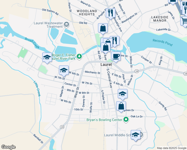 map of restaurants, bars, coffee shops, grocery stores, and more near 202 West 6th Street in Laurel