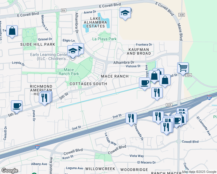 map of restaurants, bars, coffee shops, grocery stores, and more near 1116 Entrada Drive in Davis