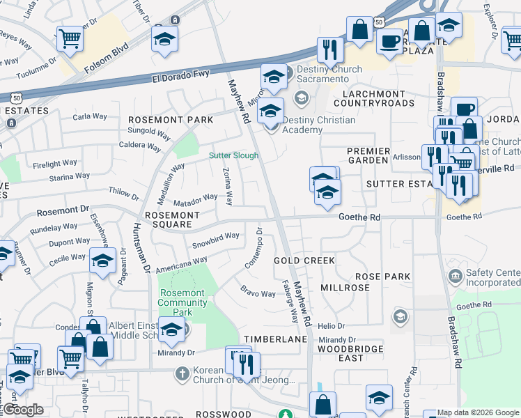 map of restaurants, bars, coffee shops, grocery stores, and more near 3501 Contempo Drive in Sacramento