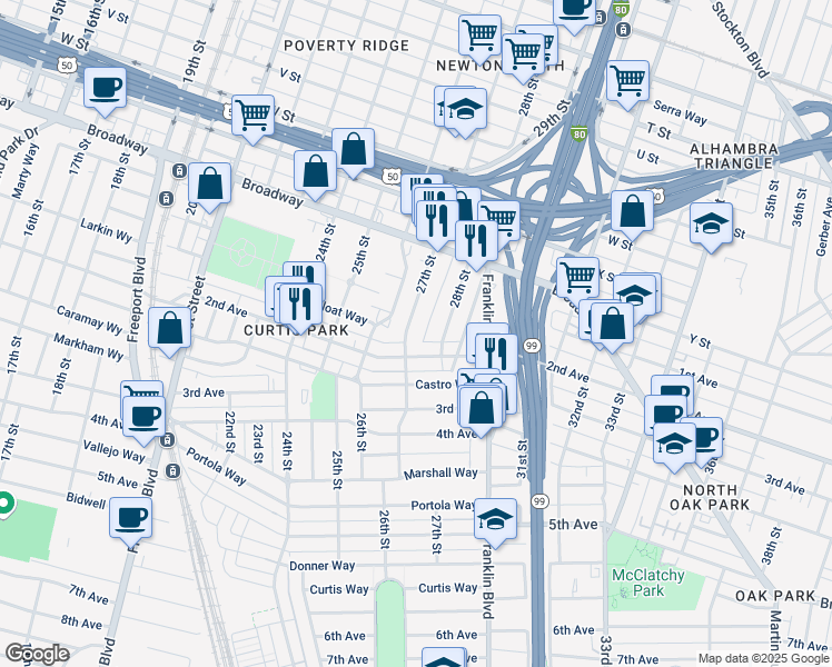 map of restaurants, bars, coffee shops, grocery stores, and more near 2701 2nd Avenue in Sacramento