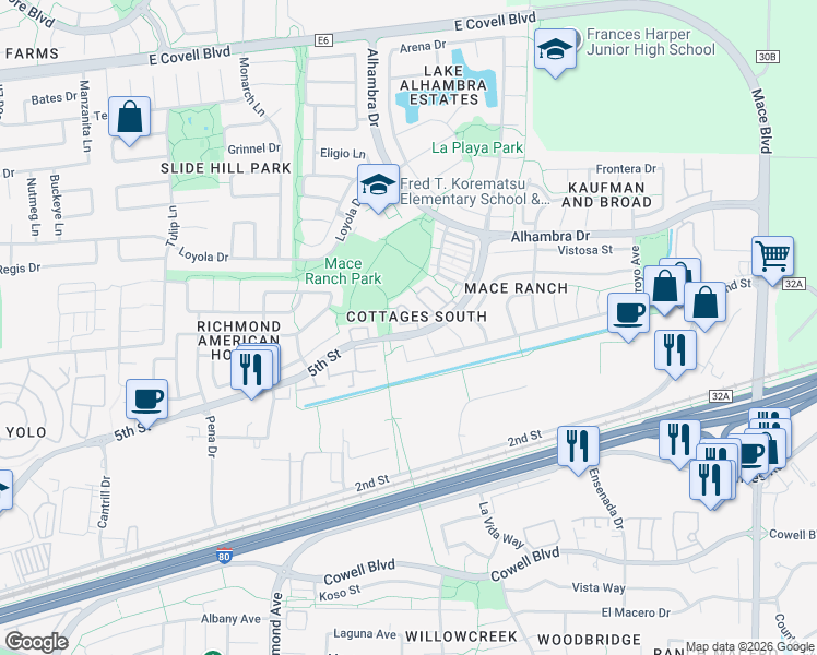 map of restaurants, bars, coffee shops, grocery stores, and more near 3310 Arroyo Court in Davis