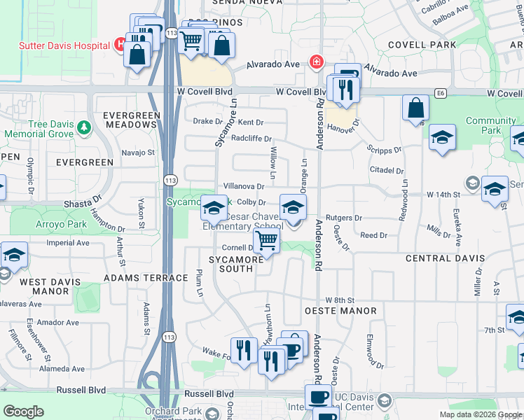map of restaurants, bars, coffee shops, grocery stores, and more near 1215 Pine Lane in Davis