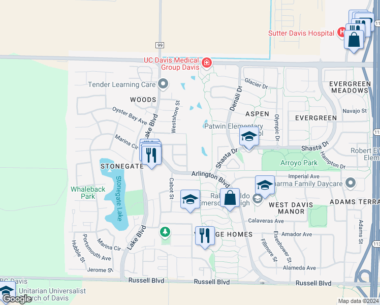 map of restaurants, bars, coffee shops, grocery stores, and more near 1406 Garrison Street in Davis