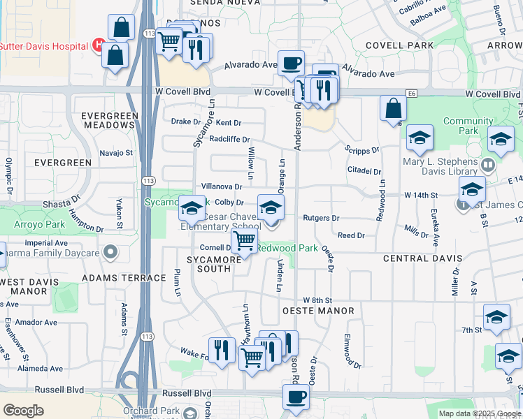 map of restaurants, bars, coffee shops, grocery stores, and more near 906 Colby Drive in Davis