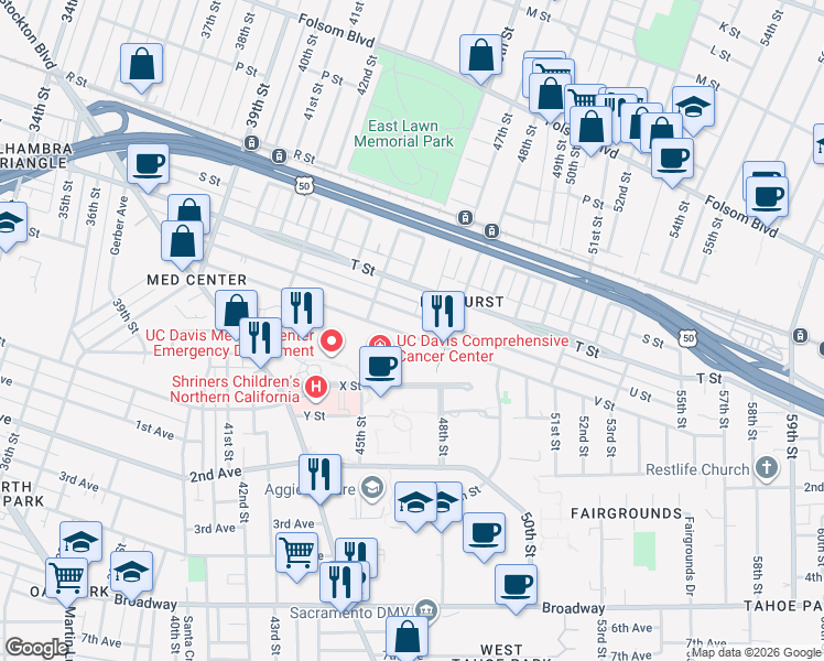 map of restaurants, bars, coffee shops, grocery stores, and more near 2279 45th Street in Sacramento