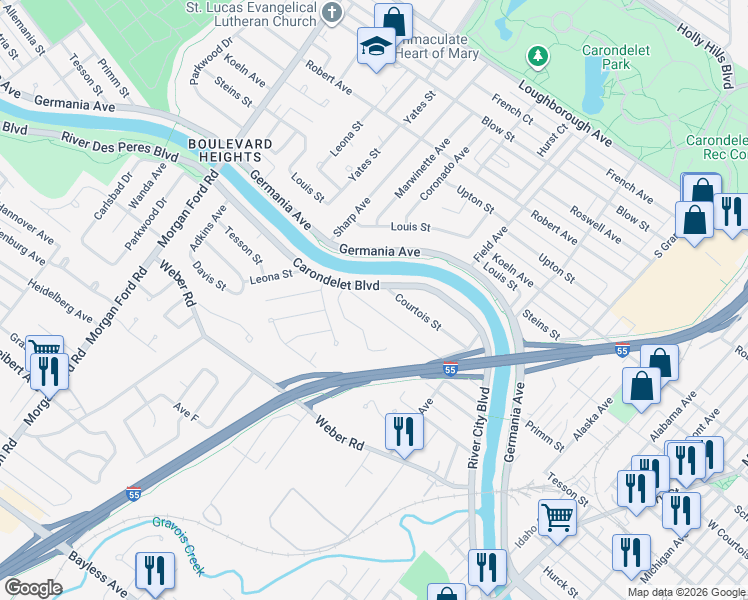 map of restaurants, bars, coffee shops, grocery stores, and more near 3828 Primm Street in St. Louis