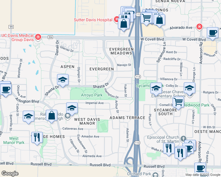 map of restaurants, bars, coffee shops, grocery stores, and more near 1717 Hampton Drive in Davis
