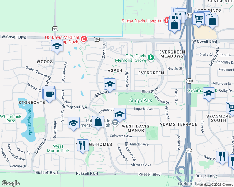 map of restaurants, bars, coffee shops, grocery stores, and more near 2140 Shasta Drive in Davis