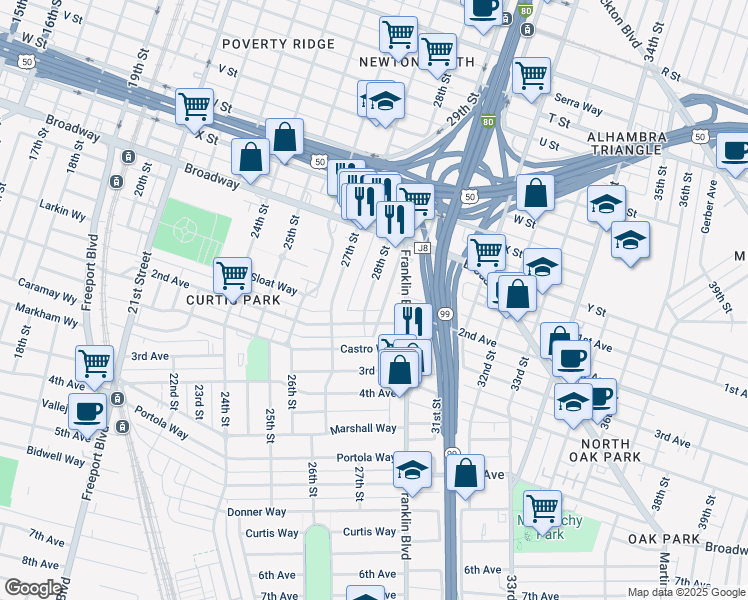 map of restaurants, bars, coffee shops, grocery stores, and more near 2801 2nd Avenue in Sacramento