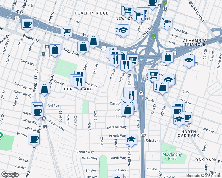 map of restaurants, bars, coffee shops, grocery stores, and more near 2701 2nd Avenue in Sacramento