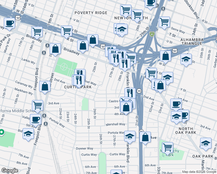 map of restaurants, bars, coffee shops, grocery stores, and more near 2701 2nd Avenue in Sacramento