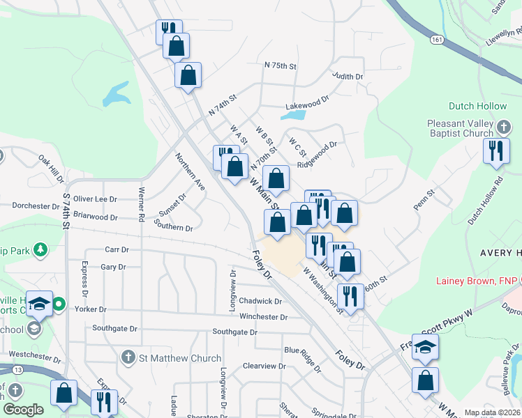 map of restaurants, bars, coffee shops, grocery stores, and more near 6606 West Main Street in Belleville